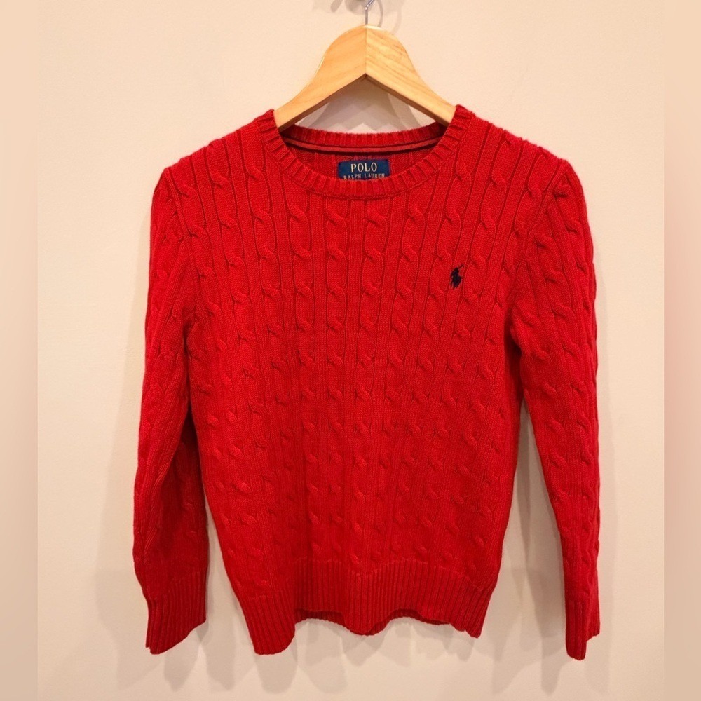 Polo Ralph Lauren Boys Red Cable Knit Sweater M 10–12 Classic Cotton Crewneck